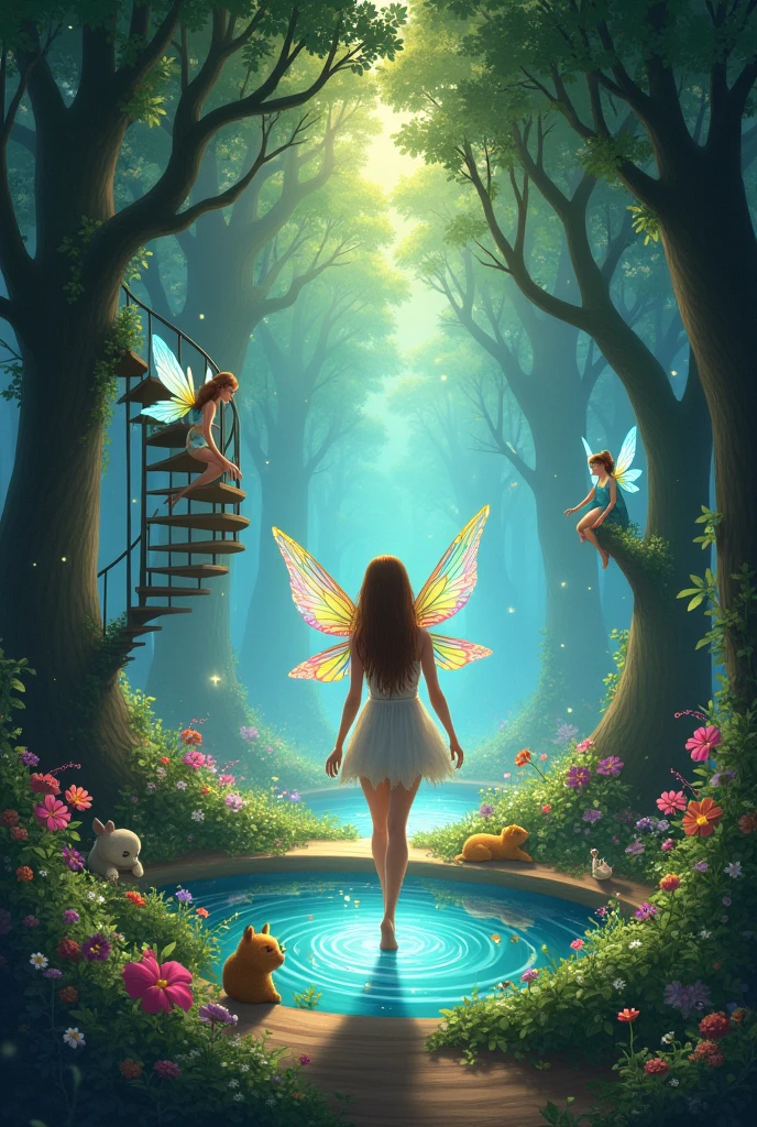 Magical Grove with Fairies:**
   - Amara emerging from the spiral staircase into a magical grove. The grove is filled with tiny, floating lights, resembling fireflies, and the air sparkles with a soft, otherworldly glow. In the center is a crystal-clear pond surrounded by vibrant flowers. Fairies with shimmering, rainbow-colored wings and gentle woodland animals are gathered around, welcoming Amara with cheerful smiles.