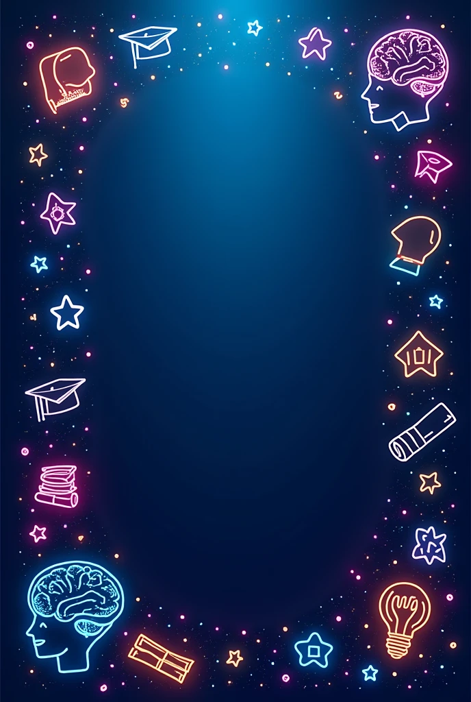Create a background with a deep blue color. Place neon line-art icons along the edges, but without forming a solid frame. These icons should include brains, stars, and various academic items like books, graduation caps, and scrolls. Use neon shades of cyan, pink, yellow, and light blue for the icons, making them glow brightly against the dark blue background. The center of the image should be an empty, dark space to maintain focus on the outer icons. The overall design should feel vibrant and intellectually stimulating.