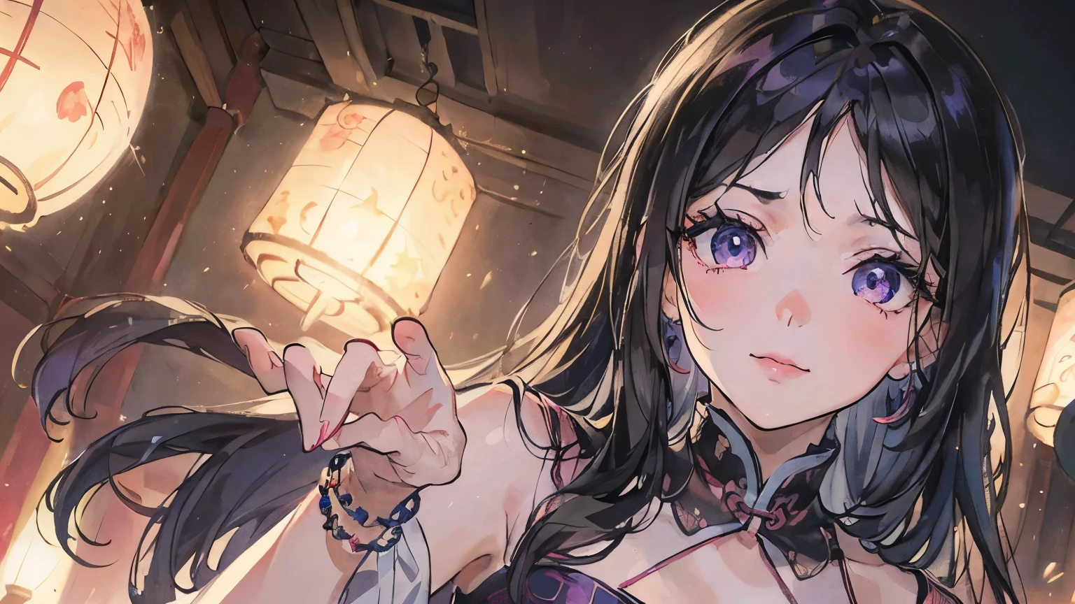 ((masterpiece)), Highest quality, (8k, Highest quality, masterpiece: 1.2), Very detailed, 大聖殿で女性1人がsinging、Black Hair、Long Hair、Dark purple blouse shirt(Short sleeve)、bracelet、Pink Lips、Big eyes、Double eyelids、Beauty、Beautiful Eyes、singer、stage、Spot Light、Gorgeous lighting、Sad expression、Highest quality、最高masterpiece、Extremely detailed、Upper body composition、Front angle、singing、smile、cool、Front composition、Age 25、Upper body close-up、Beautiful light、