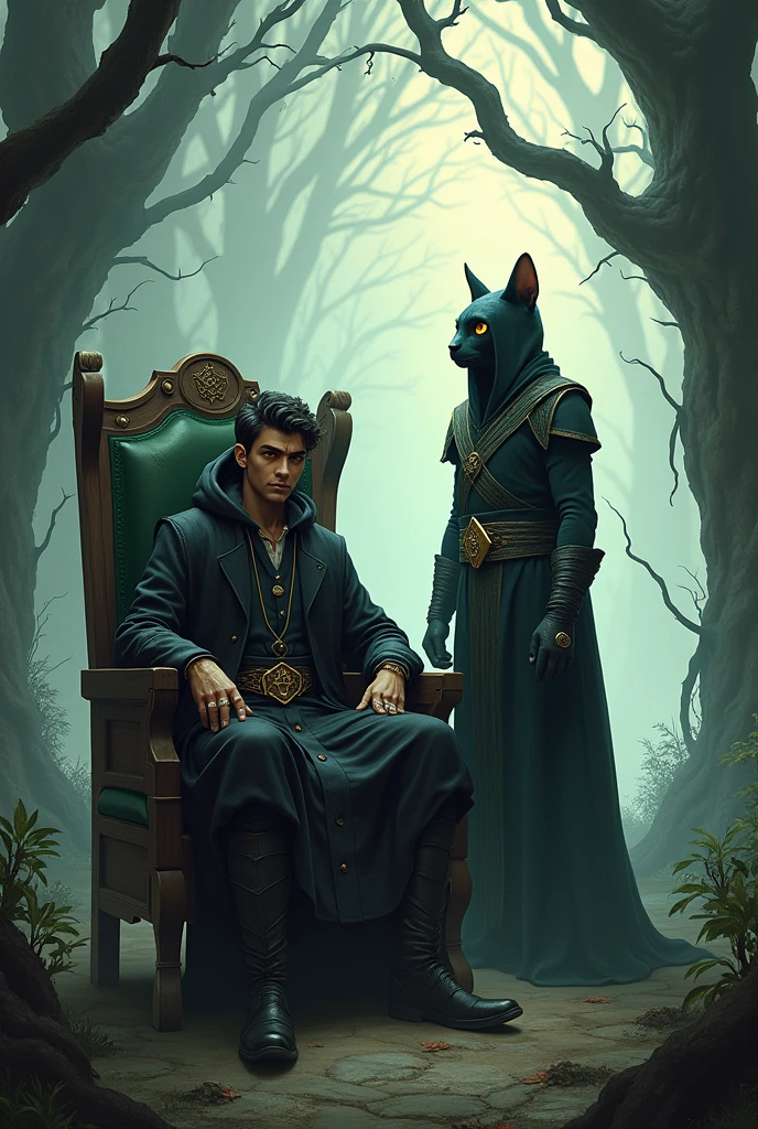 Two people, one man, a young doctor with skills in witchcraft and herbs. The other is a skilled assassin. They stand together. The first one sits on a chair. The second one stands beside him. Fantasy 2D.
