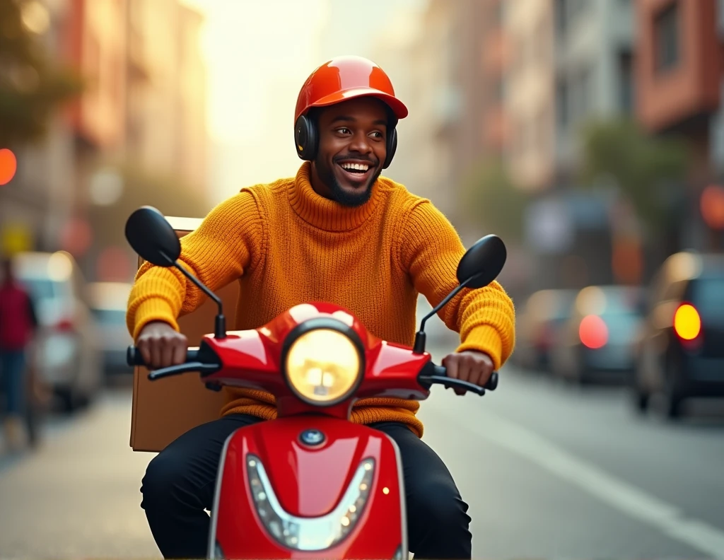 Nous somme une agence de livraison. créer une affiche réaliste pour souhaiter un bon mois de Septembre à nos abonnés sur les réseaux sociaux. on doit voir sur l'affiche, un livreur africain habillé en tricot jaune orangé et pantalon noir sur une moto de livraison