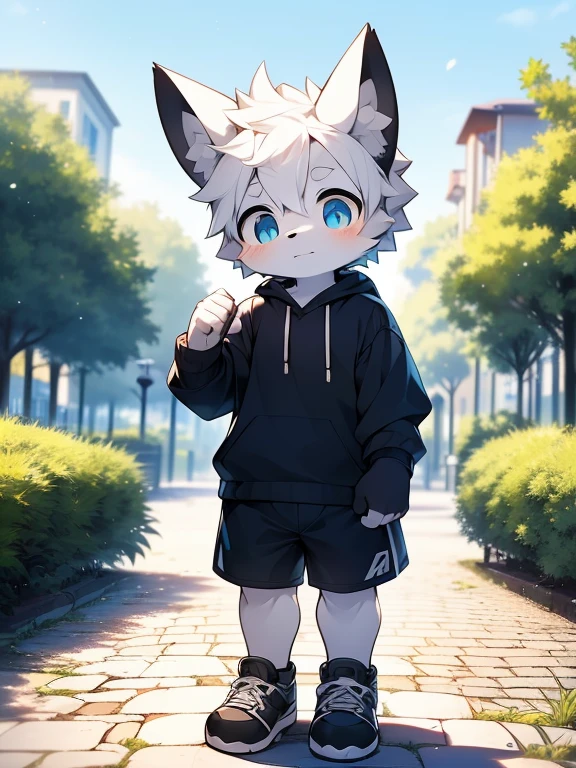 (best quality, Extremely detailed),juvenile,Very strong sexual desire,Furry wolf,((Big blue eyes,Watery)),((Shota)), ((Black and white hair)), Good figure, Handsome,cute, Light:极致Light影, 反Light皮肤,Reddish skin,The ultimate face,Sideways,Greeting the audience shyly,((Worn black clothes,Commoner),Black sports shorts with white trim,White socks),(Black sneakers,The left hand wears the watch) ,((Deep in the city park,Cobblestone Road,Next to the pool,Alone)),Outdoor sunset,((detail)),(Depth of Field),stand up,full-body shot