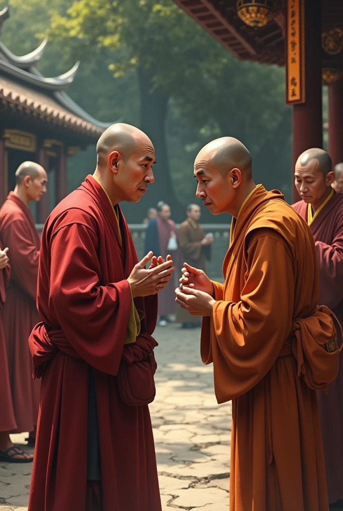 The disciple gossiping and talking about other monks behind their backs, trying to elevate himself while others seem indifferent.
Prompt: A monk talking to another in a hushed tone, with a self-satisfied expression, while other monks continue their peaceful activities, ignoring the gossip.
