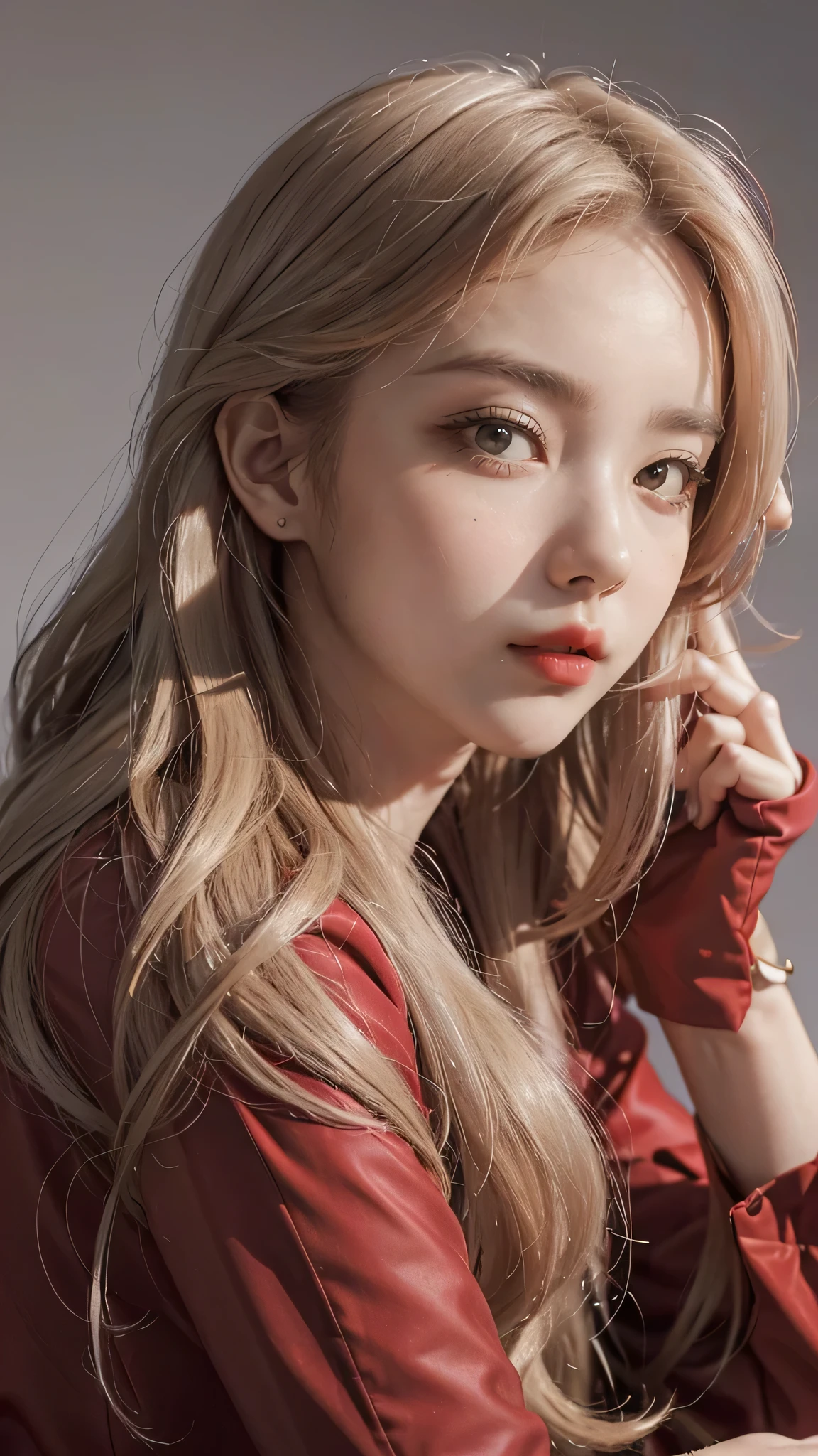 Girl wearing, luxury red coat, shoulder length hair, wavy hair, glowing skin, star in eye, red lips, grey background, cute poses , upper body, light blonde hair.