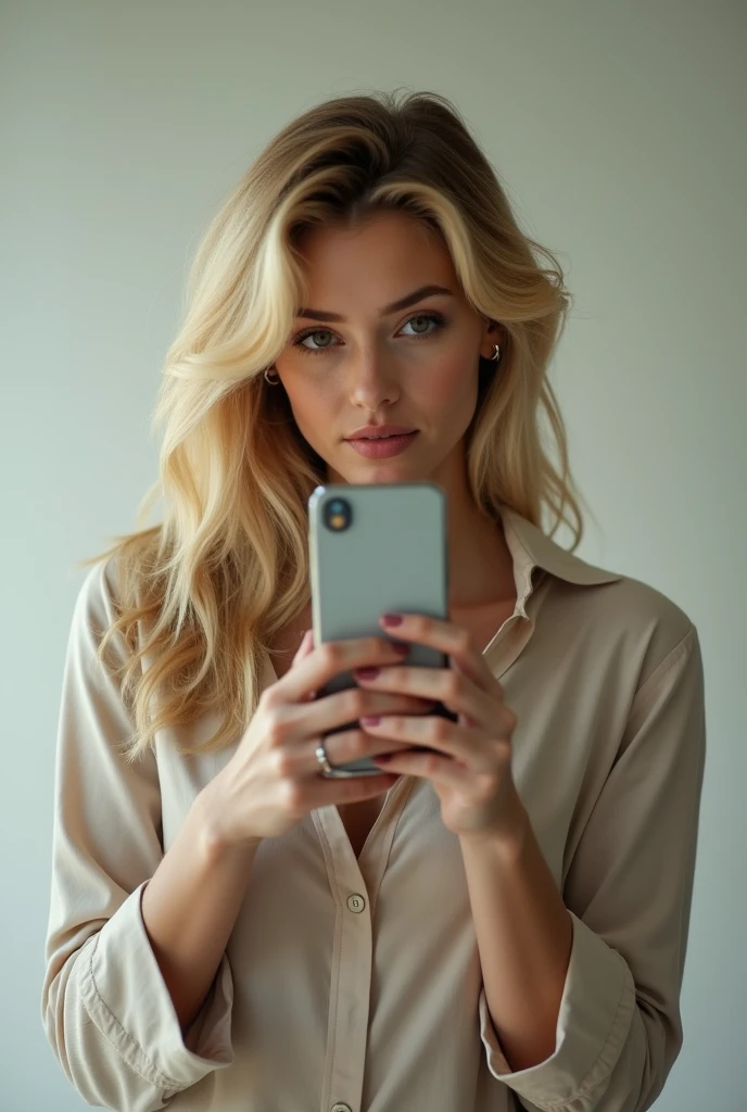 une blonde en photo miroir avec son telephone
