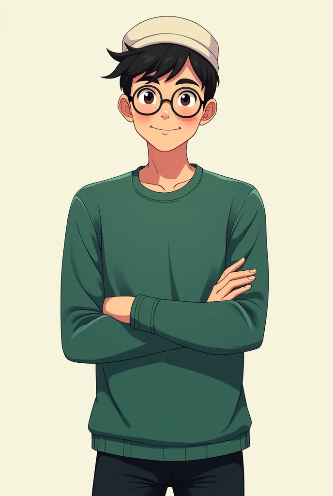 Muslim anime boy with glasses islamic hat and cute smile with black pant and bottle green full shirt