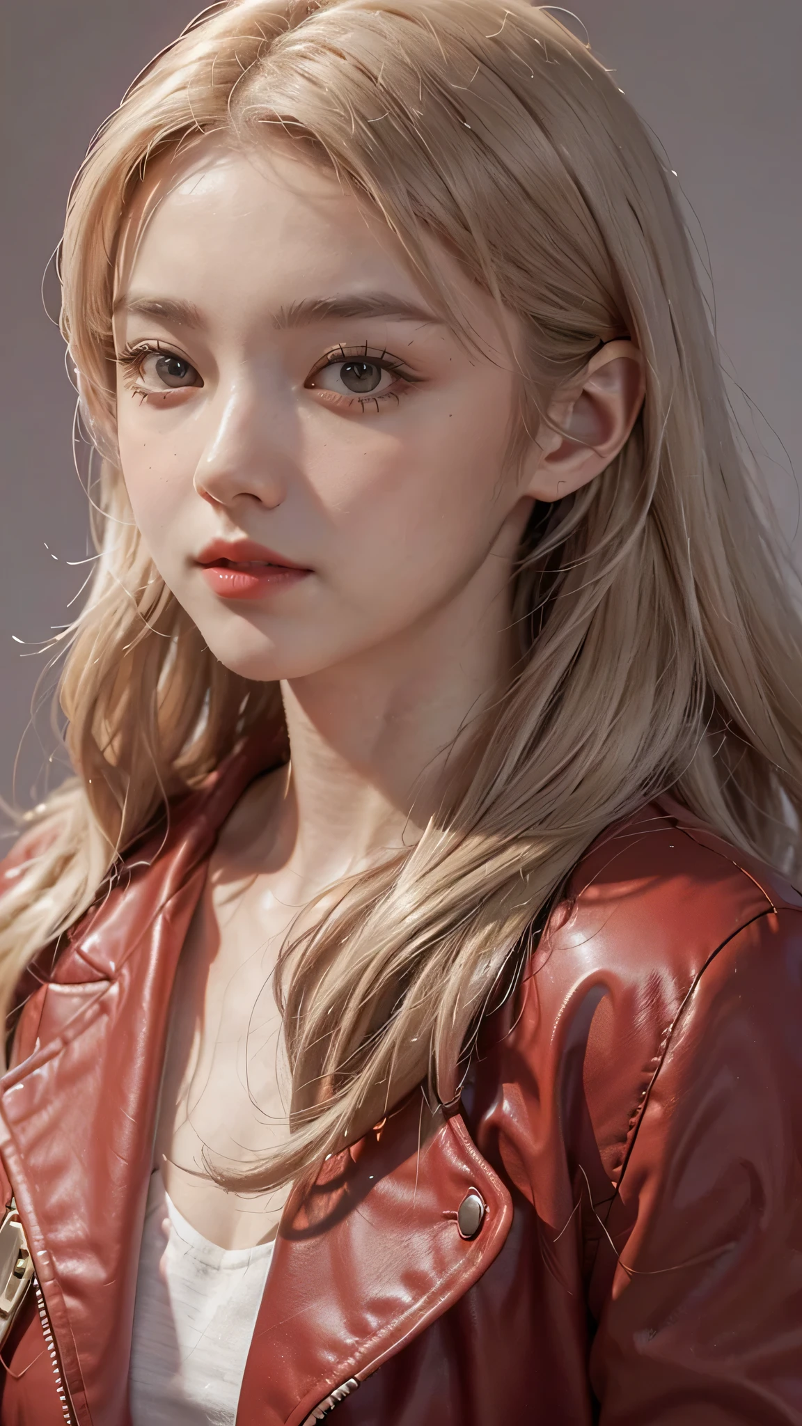 Girl wearing, luxury red coat, shoulder length hair, wavy hair, glowing skin, star in eye, red lips, grey background, cute poses , upper body, light blonde hair.