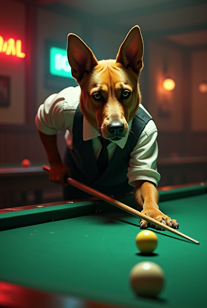 Dog playing pool billiards