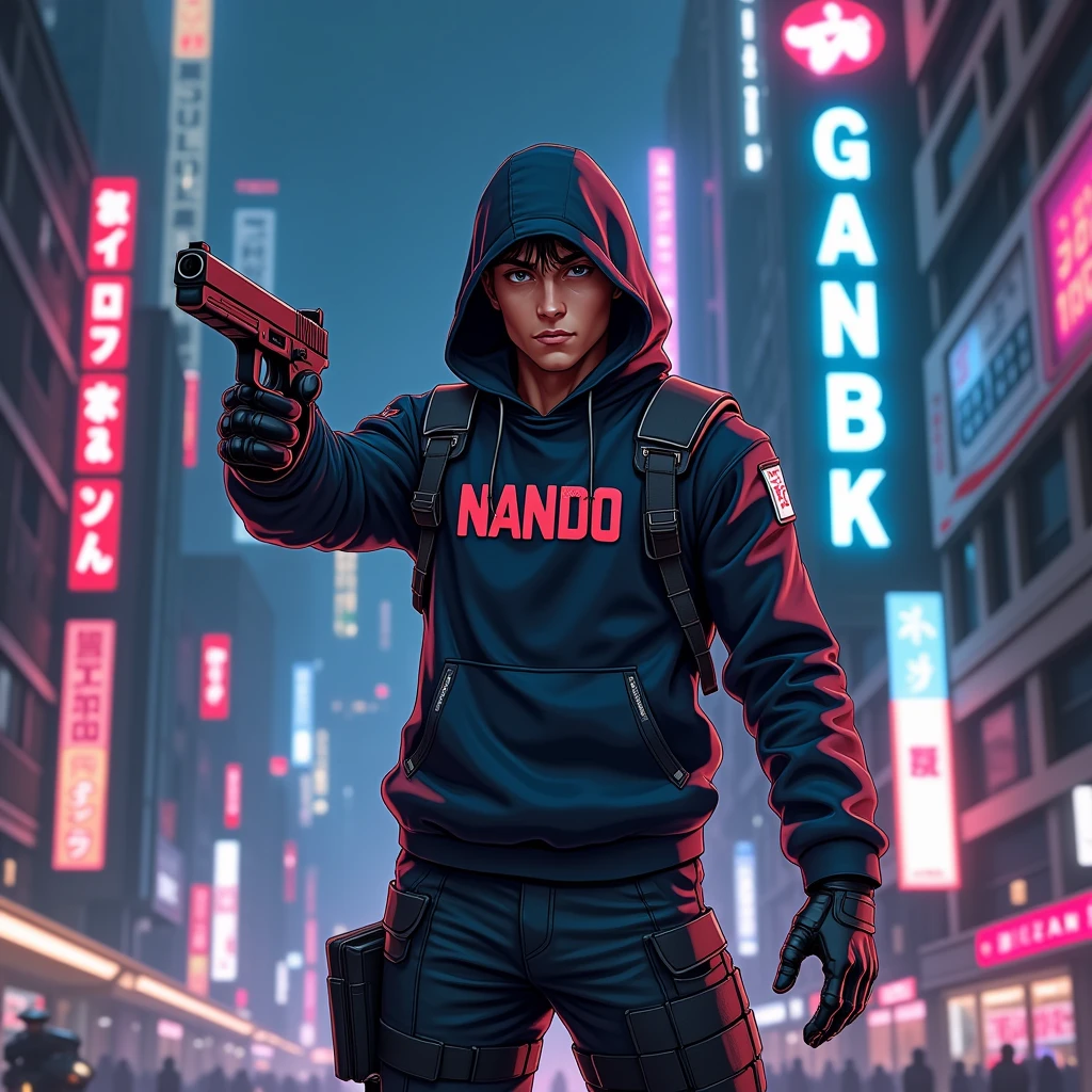 Create a character ninja armor anime, {background: capital text: “GLBK” in right-top, night city}, tanned skin,
realistic, HDR, handsome, japan style, full body, use piastol, age 20, hoodie HD text: “Nando”, male