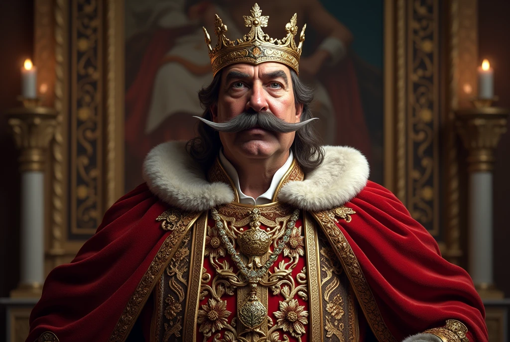 There is a king who is wearing royal attire, that king has a big mustache on his face