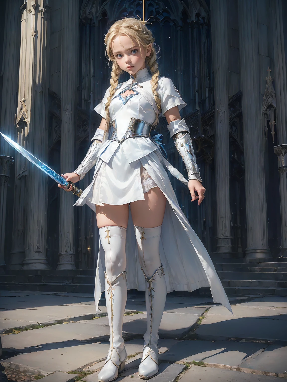 (((fantasy, cathedral:1.4))), (((midnight:1.4))), masterpiece, best quality, ultra-detailed, high resolution, extremely detailed cg, 8k, beautiful detailed eyes, depth of field, perfect anatomy, super detailed skin, cinematic lighting, dynamic lighting, anime picture, shiny hair and skin, detailed outfit, 【break】, ((cowboy shot, looking down , standing, zettai ryouiki,((A ung girl swordsman, holding a 1sword in one hand, stylish poes:1.3)), (((a 1girl is , child, little young girl age8, soro:1.6))), 【break】, ((afterglow)), (((blonde hair, Braided hair:1.3))), (beautiful detailed blue eyes), white-skinned, (((child short stature, child body shape, young face, cute face, small breasts, slim:1.4))), , wizard, ((Pure white silk, white blouse:1.3)), ((blue mini skirtt, blue mantle:1.4)), ((White knee-high stockings:1.2)), ((white short boots)), (( cleavage cutout, Breastplate of silver metal, light armor of silver metal:1.2)),
