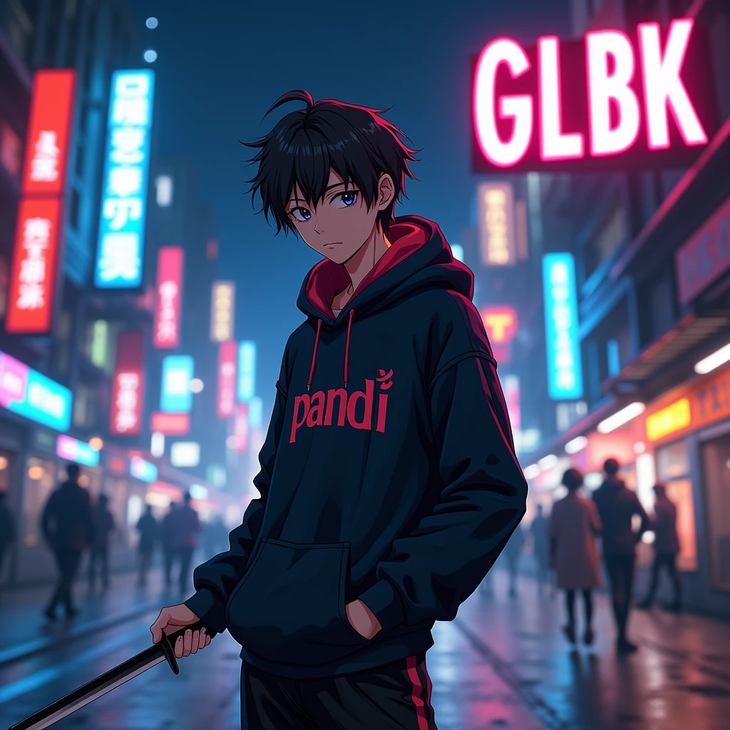 Create a character anime, {background: capital text: “GLBK” in right-top, night city}, tanned skin,
realistic, HDR, handsome, japan style, full body, use deagger, age 20, hoodie HD text: “Pandi”, male, comma hair