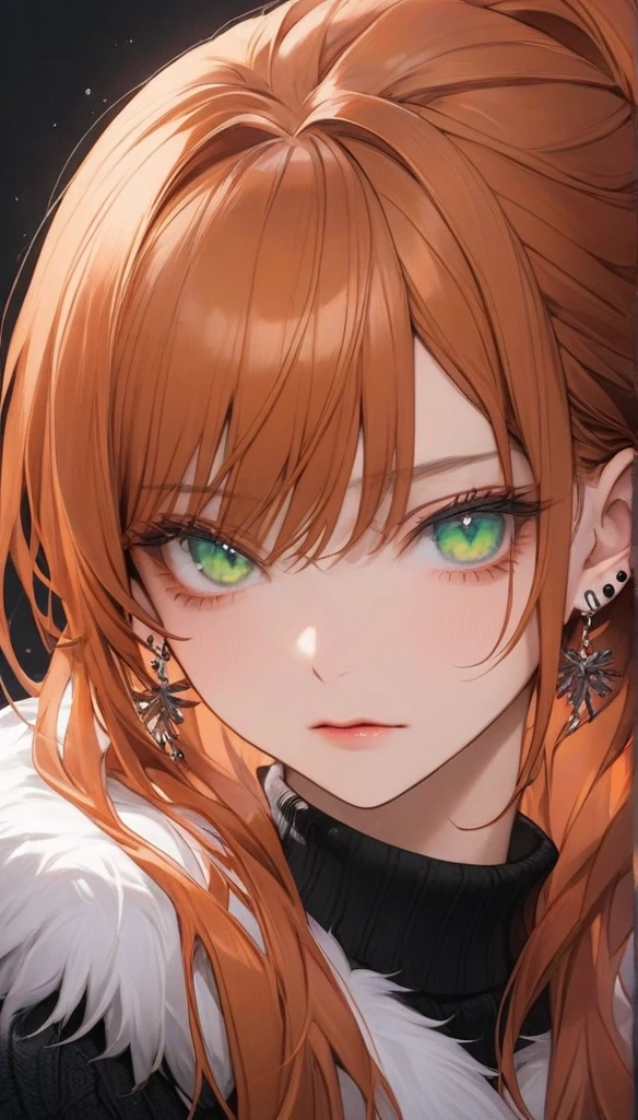 high resolution, Masterpiece, Anatomically correct, precise, qualityที่ดีที่สุด, quality, 1 woman, Age 25 years,long hair, ginger hair hair, emerald eyes,big breasts, ponytail hairstyles, full bangs
Piercings, Dark makeup, A cold expression simple background, Close-up , Anime style,Wearing black sweater,fur coat, Sharp eyes ,mature woman