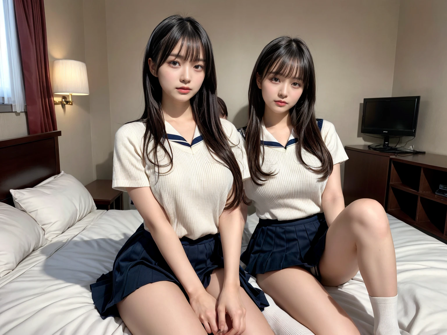 masterpiece, best quality, illustration, Super detailed, fine details, High resolution, 8K,wall paper, perfect dynamic composition,(Details High quality, realistic depiction of eyes:1.3), (3 girls), Black Sailor Uniform, serafuku, Navy pleated skirt, sitting, open legs, short bob hair, in a hotel room in the background, deep on field, large breasts, black hair color, Big Natural Color Lip, (perfect body shape), crying a little、Harajuku style、20 year old girl、cute type、beautiful legs, Gravure Idol