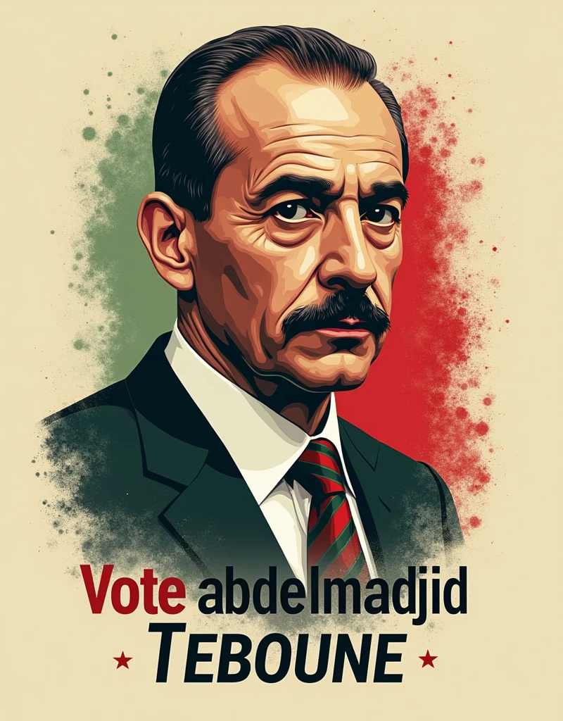 Design a vintage Algerian-inspired portrait of Abdelmadjid Tebboune with a muted red, white, and green color palette. Pair the portrait with the quote, "Vote Abdelmadjid Tebboune" in classic serif typography. This nostalgic yet modern design will appeal to patriotic and political audiences for T-shirts.
