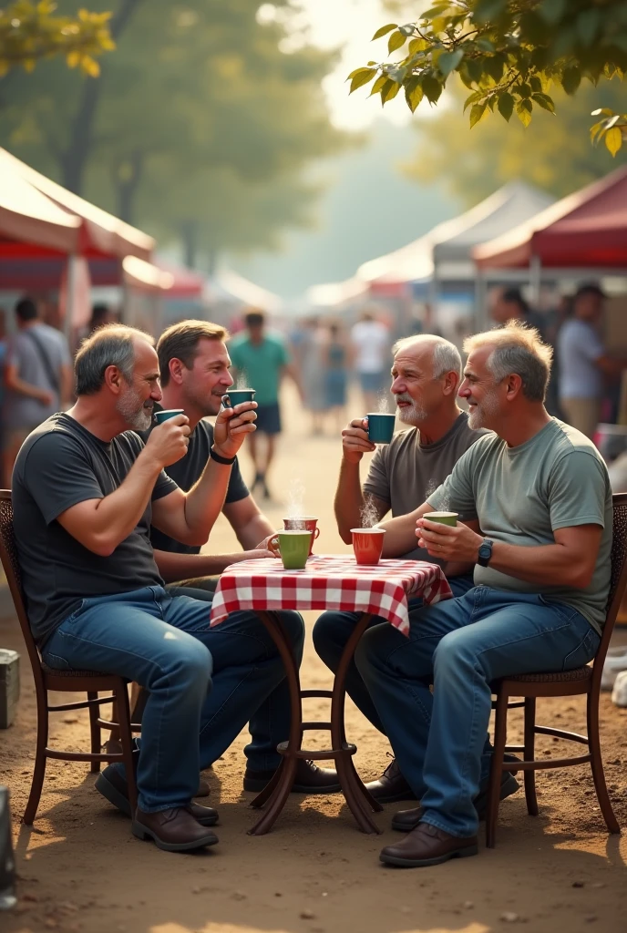 Men Chill and drinking some coffee at car boot shop
