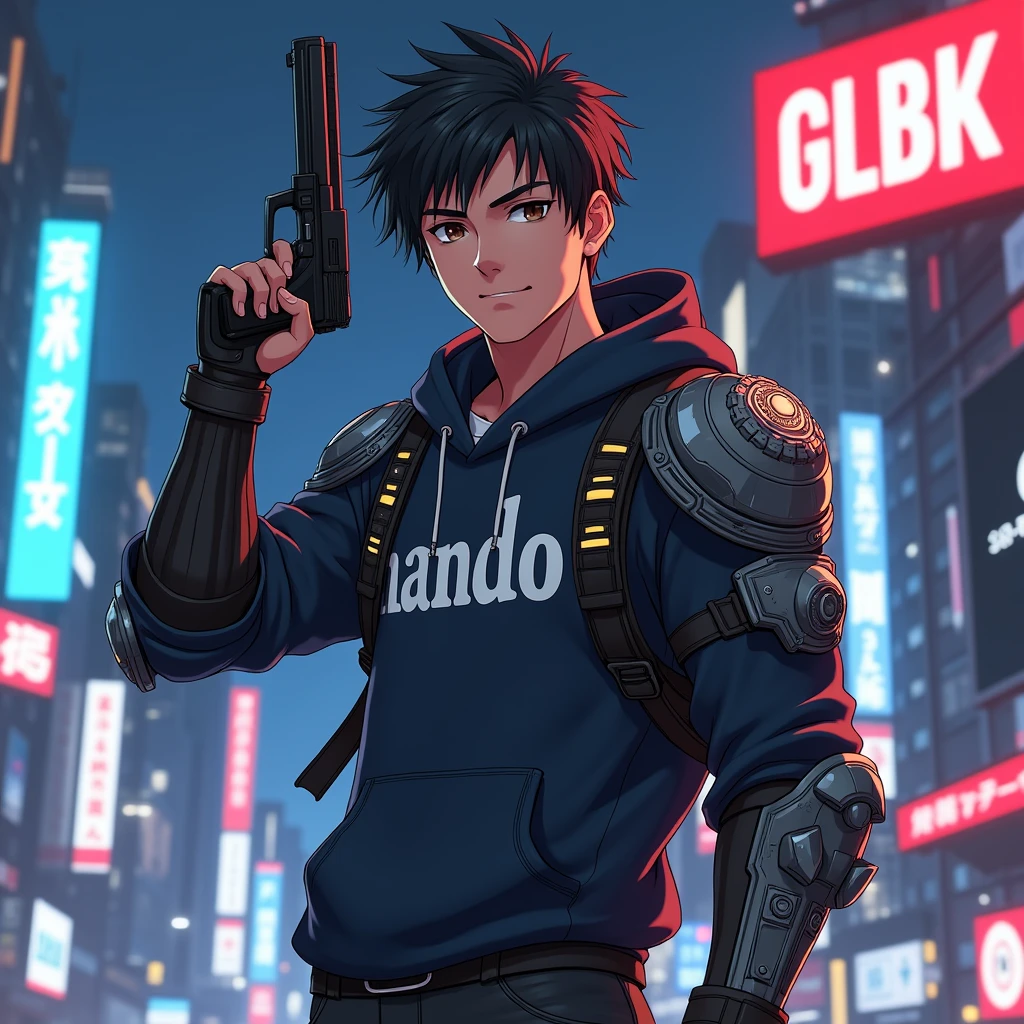 Create a character armor anime, {background: capital text: “GLBK” in right-top, night city}, tanned skin,
realistic, HDR, handsome, japan style, full body, use piastol, age 20, hoodie HD text: “Nando”, male