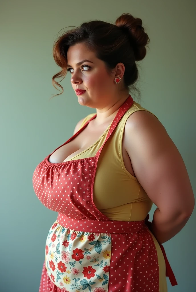 Sexy curvy busty mature woman in colorfull apron showing cleavage, full body , side view