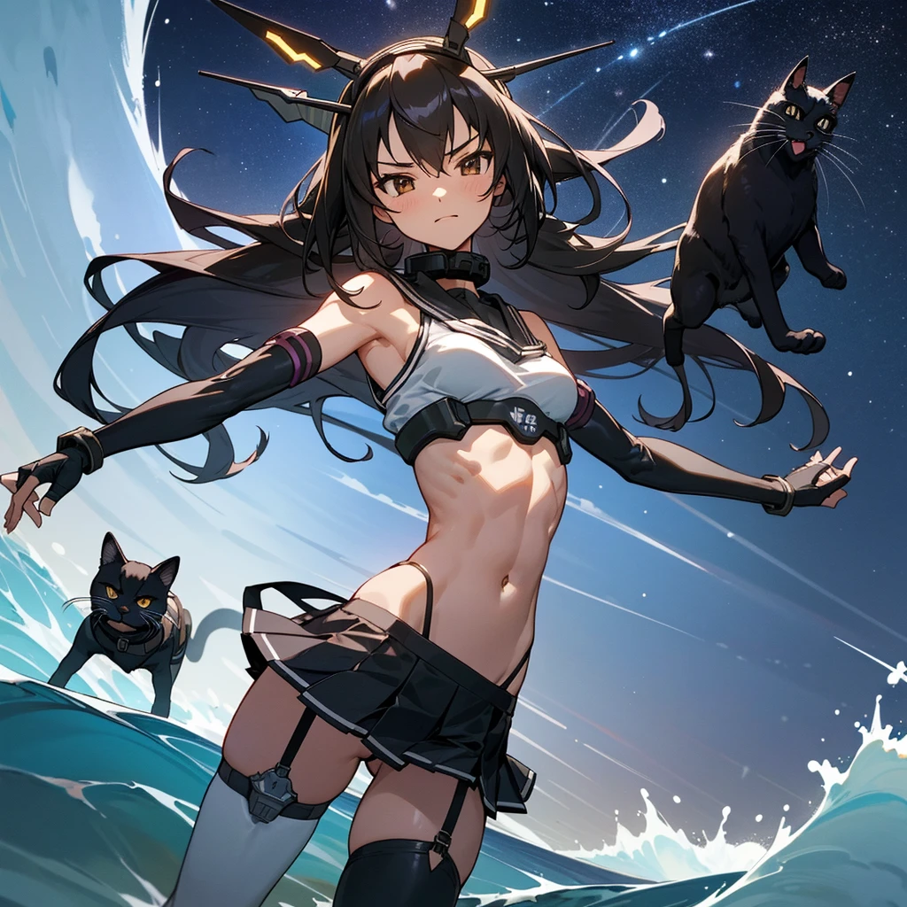 hyper detailed, perfect anatomy, best quality, extremely delicate, extremely detailed, cool,1 girl, Nagato(kancolle), long hair, headgear, dark hair, hairband, collar, bare shoulders, crop top, elbow gloves, fingerless gloves, black gloves, midriff, pleated skirt, white skirt, garter straps, thighhighs, muscle, muscular abs, six pads, with a black cat, night sky, stars, milkyway, sea, wave,