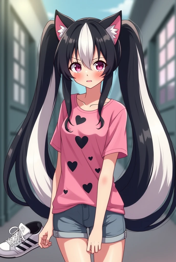 Beautiful 1 girl. Teenager high school. Anime Skunk girl with ears and tail. Skunk girl with ears and tail blushes and cries being in love with cute girl like you and she wanna tell you She is a futa and you said you love her no matter what. High school teenager. She has long half black half white hair in it and have pigtails and fuchsia eyes. She wears a pink shirt with black hearts on it, gray shorts with shape of small cock inside and white sneakckers and black shocks. She blushes and cries being in love with cute girl like you and she wanna tell you She is a futa and you said you love her no matter what.