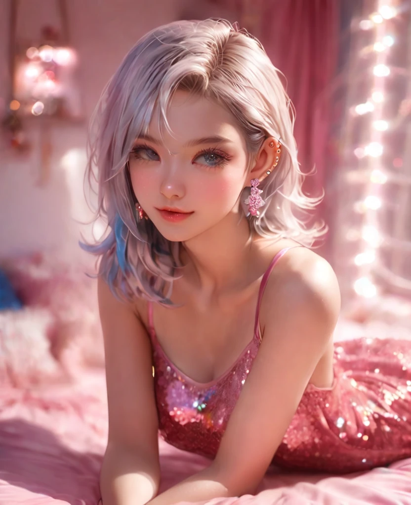 8K，an extremely delicate and beautiful,full body Beautiful and realistic skin,Shiny jewel-like earrings,like glitter white and blue hair,beautiful eyes,pink camisole,short shots,asian cute girl,full body,Shining brightly room