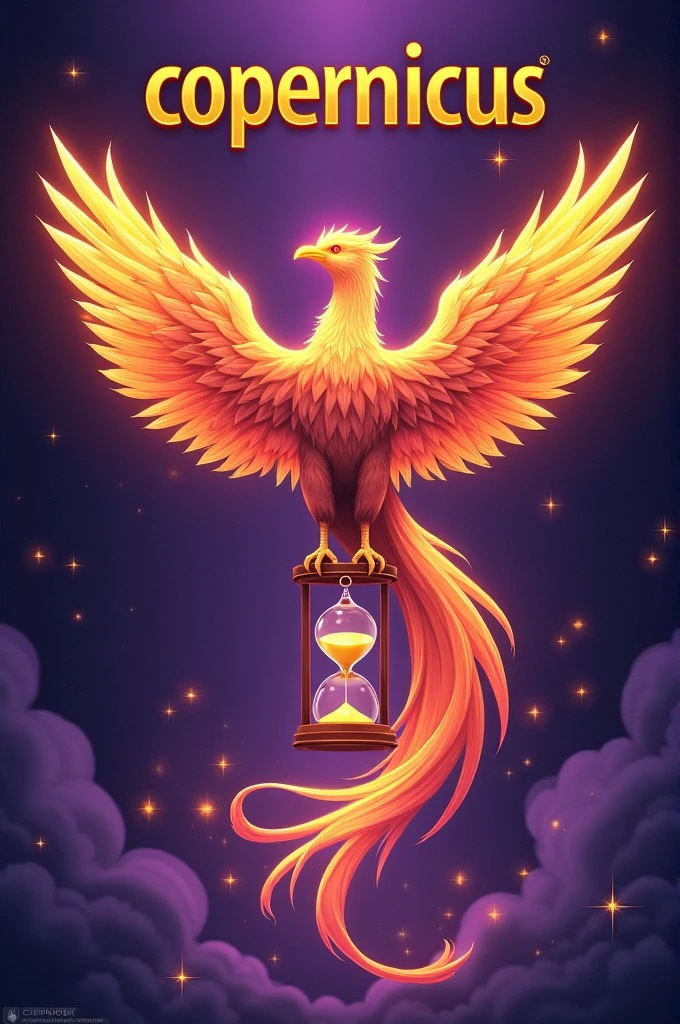 Purple background with a phoenix holding an hourglass, written in yellow with a black outline on top "Copernicus" in larger size with stars