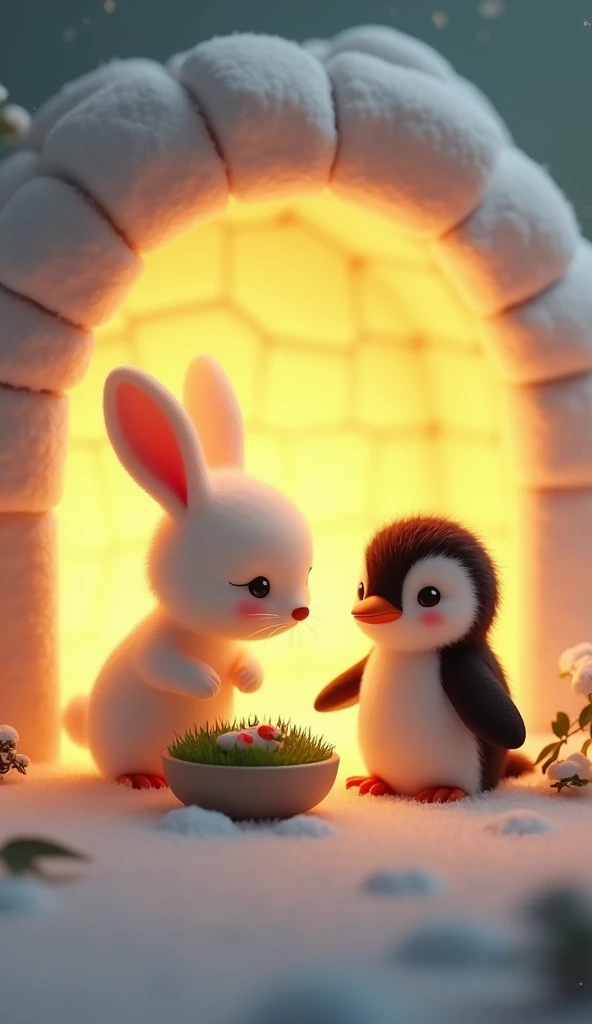 There is an igloo. There is light in the igloo as well. There is a rabbit which is very small. The rabbit is white in colour. The rabbit's hair is like feather. The rabbit has small ears. Inside the igloo, the rabbit is eating green grass in a bowl and the baby penguin is very small and innocent. The penguin is sitting with the rabbit inside the igloo and eating fish.image in 3d animation 