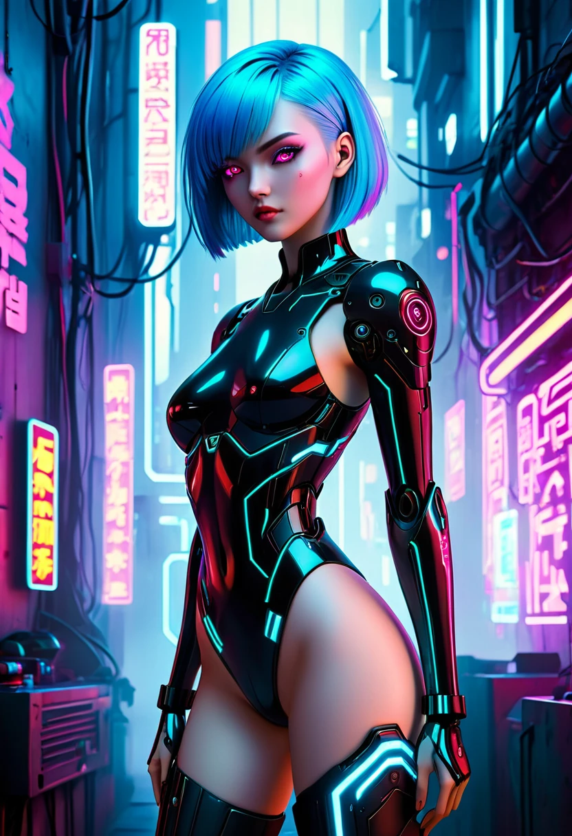 ((ultra realistic illustration:1.3)), Tall, slender ((android:1.2)). (pale:1.3)complexion.azure hair,(bob cut), neon eyes, cute butt, nice legs. ((cyberpunk:1.4)).Masterpiece, (highly detailed:1.2),(detailed face and eyes:1.2), 8k wallpaper, cinematic lighting. core shadows, high contrast, bokeh.