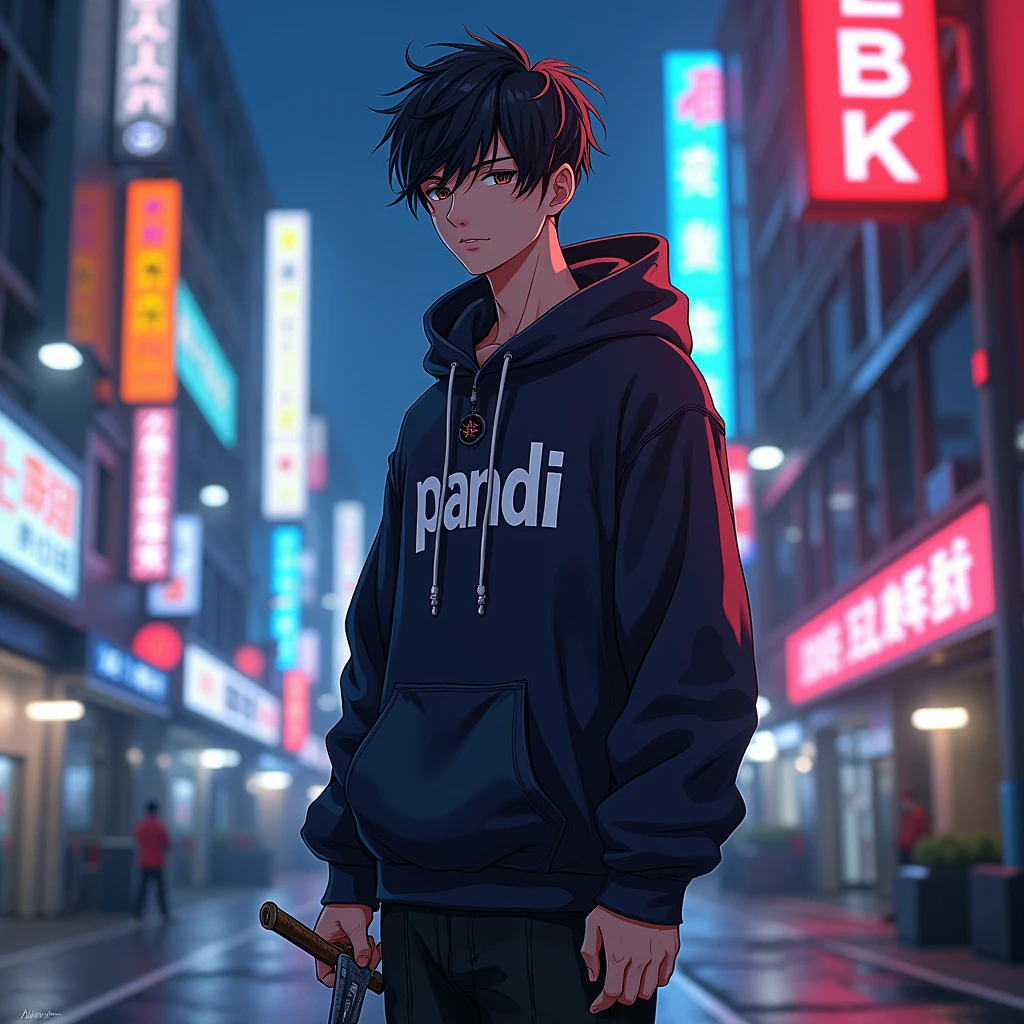 Create a character anime, {background: capital text: “GLBK” in right-top, night city}, tanned skin,
realistic, HDR, handsome, japan style, full body, use deagger, age 20, hoodie HD text: “Pandi”, male, comma hair