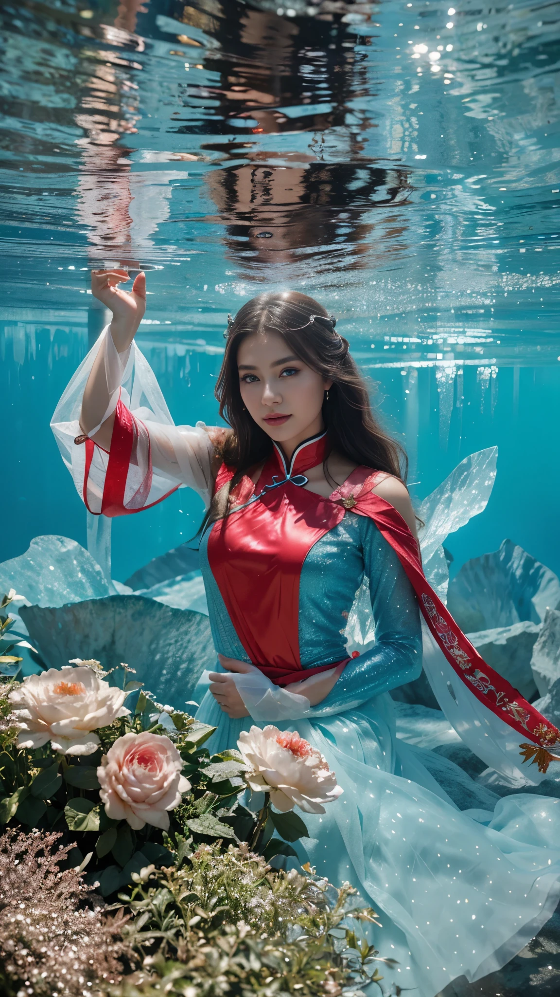 ((masterpiece)), ((best quality)), 8k, high detailed, ultra-detailed,1girl, high fashion photography, cool color palette, ice crystal theme, ethereal, soft natural lighting, fantasy-inspired, translucent materials, delicate makeup, Chinese female, young adult, elegance, serene expression, conceptual fashion, intricate hairstyle, gleaming skin, photographic quality, depth of field, glittering accessories, ice queen concept, blue-white tones, fine art portrait, indoor setting,smiling,Blue eyes, dolphin,