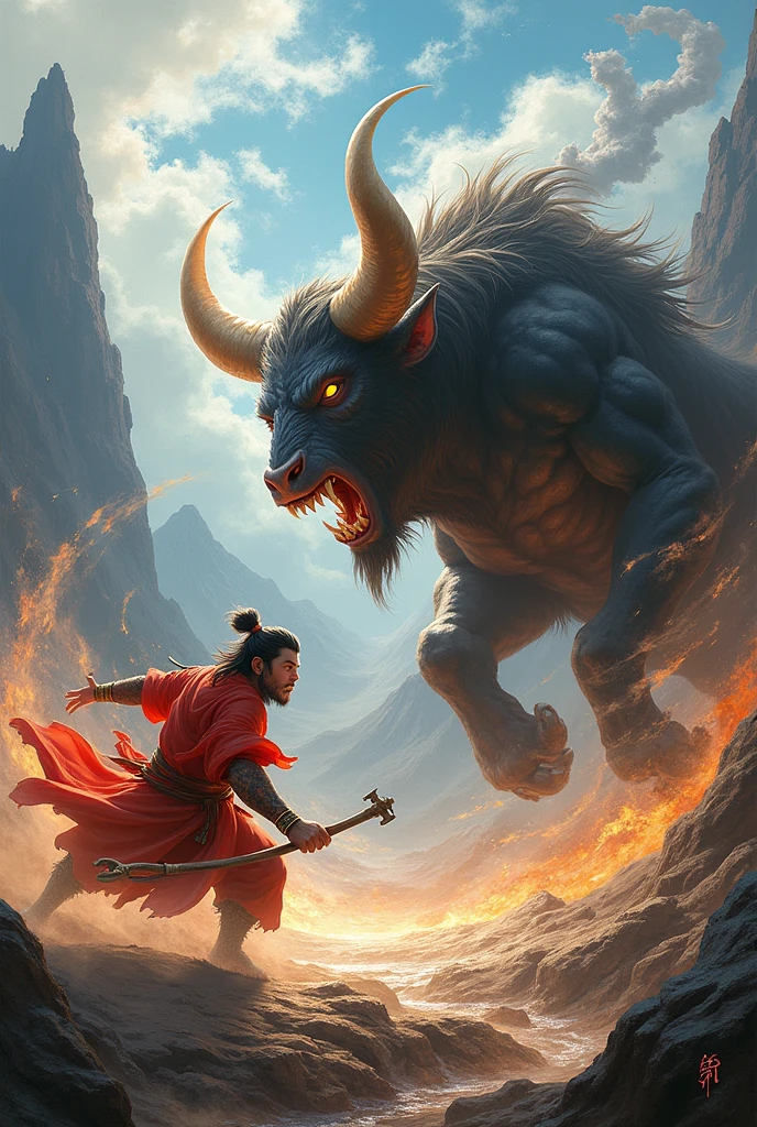 Sun Wukong is fighting the bull demon 
