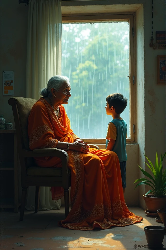 An old lady wearing saree sitting on a chair watching the rain and her grandson is standing beside her 