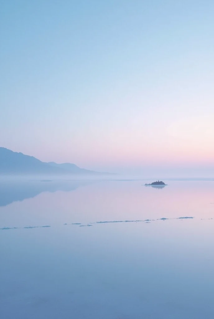 「Uyuni Salt Flats, Bolivia, South America。The lake surface is as clear as a mirror.、Uyuni Salt Flats before dawn。The sky is getting lighter、Pink or purple、A beautiful gradation of pale blues spreads out before you.。The lake is quiet、There is a slight mist。A small island floats in the distance、The light of the morning sun is beginning to illuminate its outline.。The boundary between the sky and the earth blends together、The quiet time passes