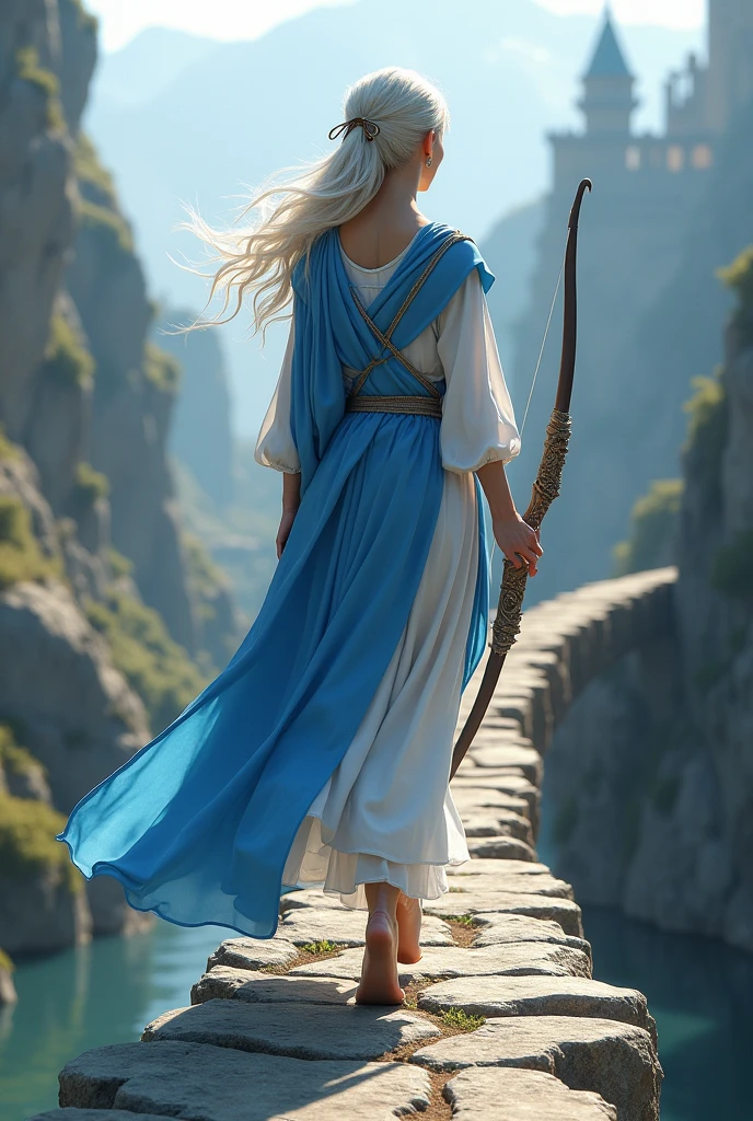 A full-body portrait of a very beautiful adult female elf, wearing a blue and white outfit while carrying a bow. The background is her walking on a bridge between the ends of a cliff and on the ruins of a magnificent castle. This scene is a very realistic, highly detailed and professional 3D digital art. 64k resolution