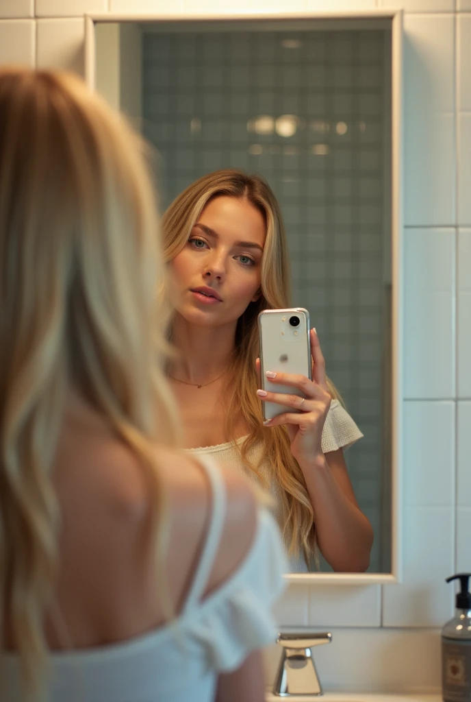 une blonde en photo miroir dans sa salle de bain avec son telephone