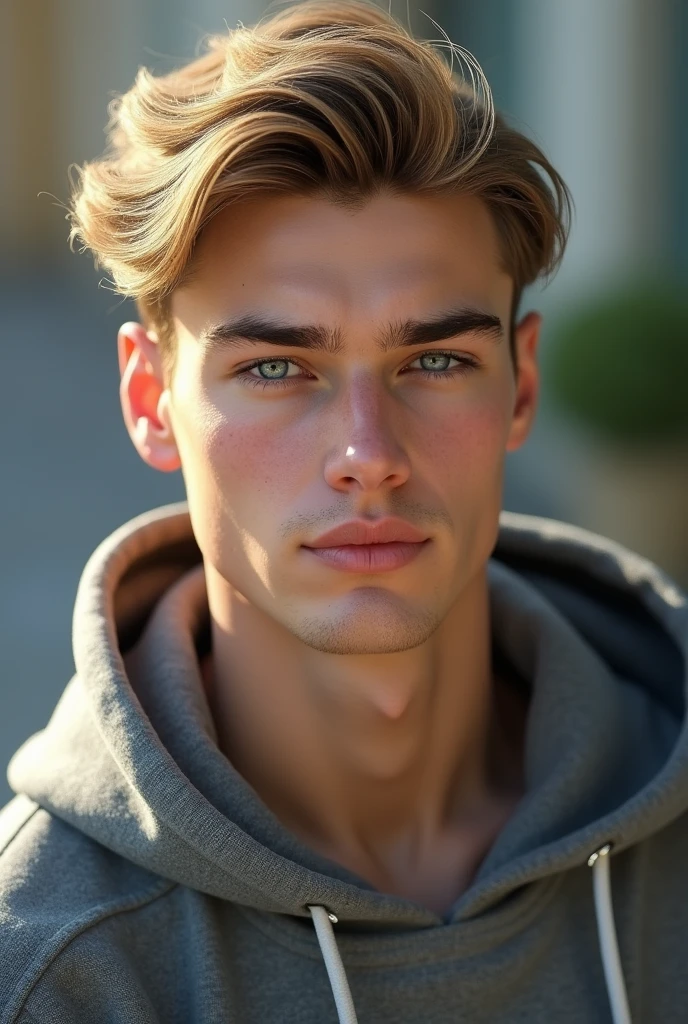physically-based rendering, extreme detail description, blond man, neat hair, ((short hair)), beautiful detailed eyes, handsome detailed lips, caucasian man, natural lighting, stylish haircut, well-groomed appearance, blue eyes, german, (((no facial hair))), (((grey hoodie))), quality, ((Highschool student)), ((narrow nose)), ((blond)), (((young boy))