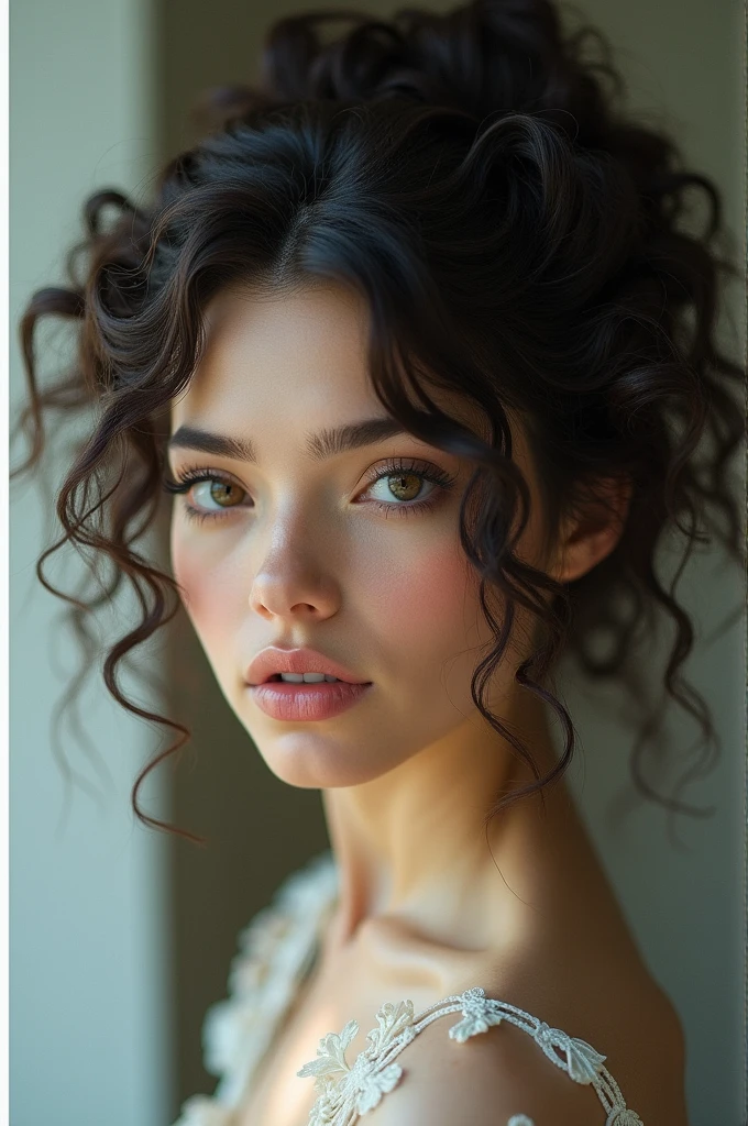 Woman with pinned skin curly hair very beautiful 