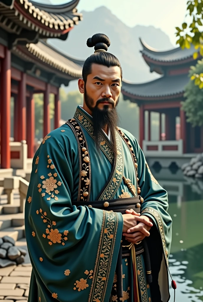 A traditional Chinese man from ancient times with tied in a top knot reflecting a status of nobility or a warrior. He wears warrior Chinese robes with intricate patterns and stands in a classical Chinese setting, such as a palace courtyard or garden, surrounded by ancient architecture and nature. The atmosphere should evoke a sense of history and culture.