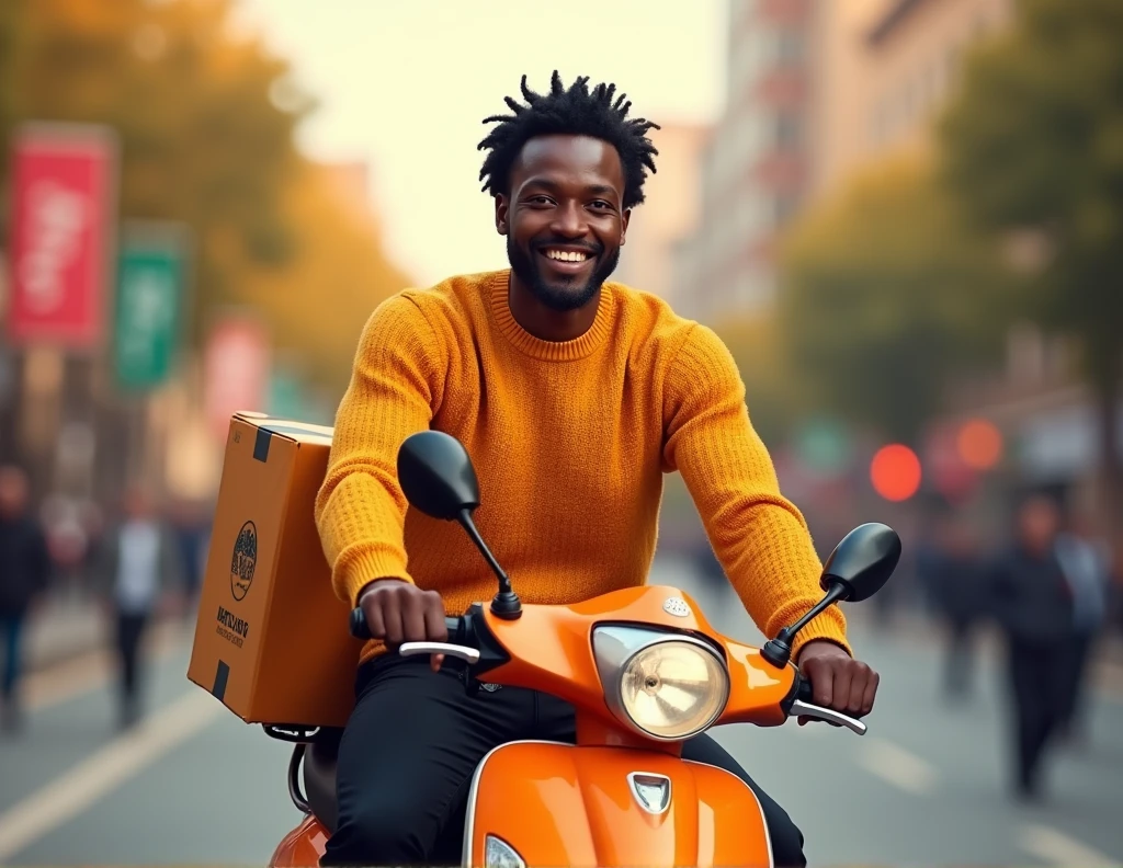 Nous somme une agence de livraison. créer une affiche réaliste pour souhaiter un bon mois de Septembre à nos abonnés sur les réseaux sociaux. on doit voir sur l'affiche, un livreur africain habillé en tricot jaune orangé et pantalon noir sur une moto de livraison
