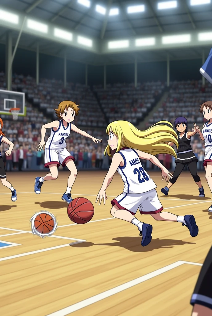 Fairy Tail organizes a 3x3 basketball game.
Here are the teams: CLV and FTM.
CLV team members: Erza Scarlett, Lucy Heartfilia, Kanna Alperona and Levy McGarden.
FTM team members: Wendy Marvel, Juvia Lockser, Mirajane Strauss and Lisana Strauss.
CLV team members wear white jerseys:
Erza Scarlett: White CLV jersey #2 white, red basketball shoes. Long scarlet hair and brown eyes. She is of average height.
Lucy Heartfilia: CLV jersey no. 7 white, black basketball shoes. Long blond hair and brown eyes. She is short.
Kanna Alperona: White CLV jersey no. 4 white, orange basketball shoes. Long dark-brown hair and brown eyes. She's the tallest in the tournament.
Levy McGarden: CLV jersey n°6 white purple basketball shoes. Mid-length blue hair tied back with an orange headband and brown eyes. She is short.
FTM team members wear black jerseys:
Wendy Marvel: FTM jersey no. 11 black, black, red and white basketball shoes. Long dark blue-purple hair and brown eyes. She's the shortest in the tournament.
Juvia Lockser: FTM jersey no. 8 black, purple basketball shoes. Long sky-blue hair and blue eyes. She is of average height.
Mirajane Strauss: FTM jersey no. 10 black, yellow basketball shoes. Long white hair and blue eyes. She is tall.
Lisana Strauss: FTM jersey n°00 black, white basketball shoes. Short white hair and blue eyes. She is short.
The tournament takes place in a gymnasium. They play a real 3x3 game. The ball is in the hands of Lucy Heartfilia.
Lucy Heartfilia dribbles towards the basket, Wendy Marvel defend on her.