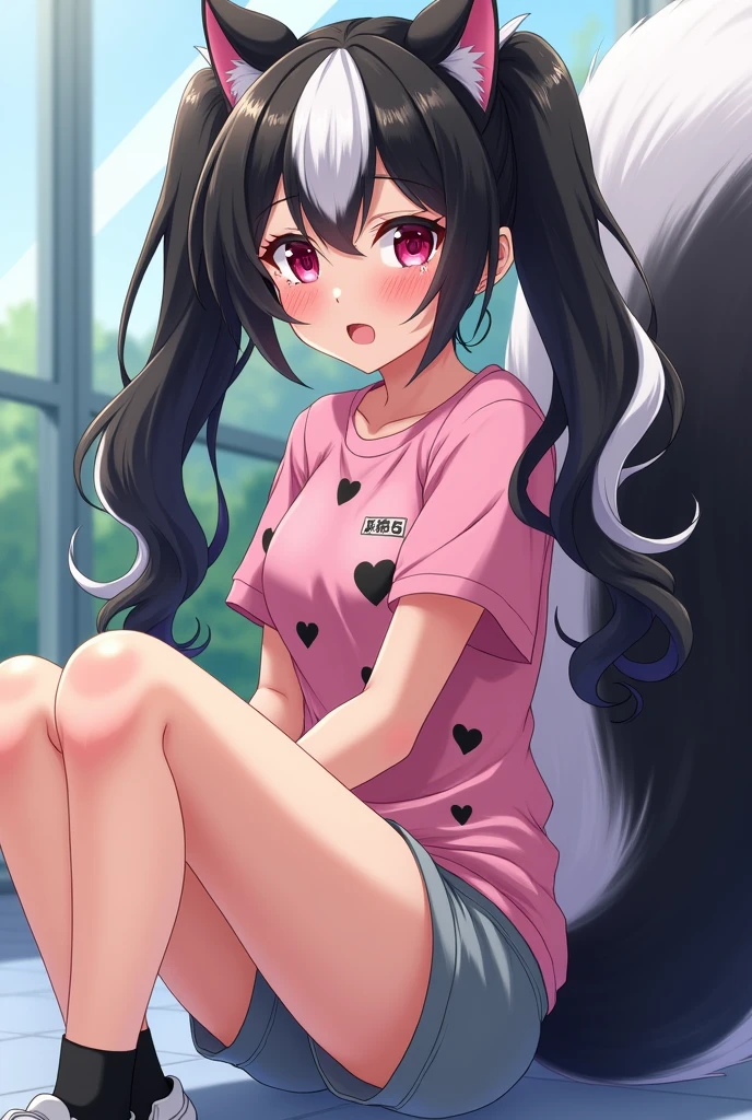 Beautiful 1 girl. r high school. Skunk girl with ears and tail. Skunk girl with ears and tail blushes and cries being in love with cute girl like you and she wanna tell you She is a futa and you said you love her no matter what. High school teenager. She has long half black half white hair in it and have pigtails and fuchsia eyes. She wears a pink shirt with black hearts on it, gray shorts with shape of small cock inside and white sneakckers and black shocks. She blushes and cries being in love with cute girl like you and she wanna tell you She is a futa and you said you love her no matter what.