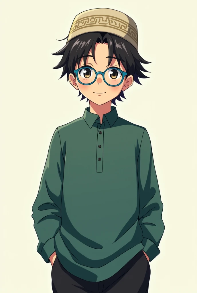 Muslim anime boy with transparent blue glasses islamic hat and cute smile with black pant and bottle green full shirt