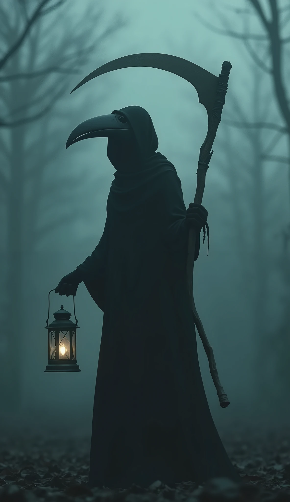 A large sickle, Scythe of Death，A sickle bigger than her body, ((masterpiece, best quality, Highest image quality, high resolution, Reality, RAW photos, 8K)), ((Extremely detailed CG unified 8k wallpaper)), Bird's Beak Doctor，(Beak mask), Movie Posters,Black robe，The other hand holds a lantern，Heavy fog，Weird atmosphere