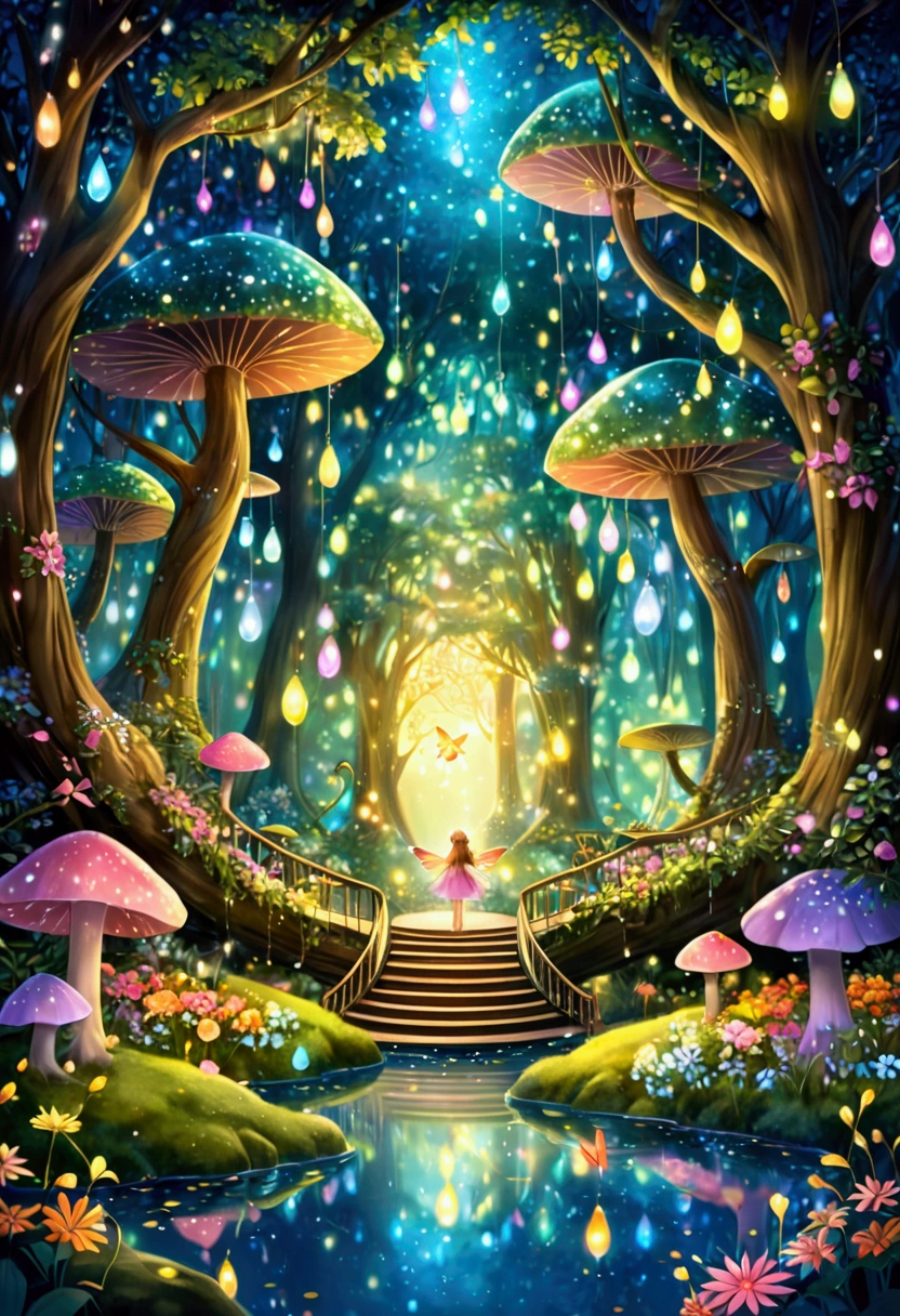 Magical Grove with Fairies:**
- Amara emerging from the spiral staircase into a magical grove. The grove is filled with tiny, floating lights, resembling fireflies, and the air sparkles with a soft, otherworldly glow. In the center is a crystal-clear pond surrounded by vibrant flowers. Fairies with shimmering, rainbow-colored wings and gentle woodland animals are gathered around, welcoming Amara with cheerful smiles.