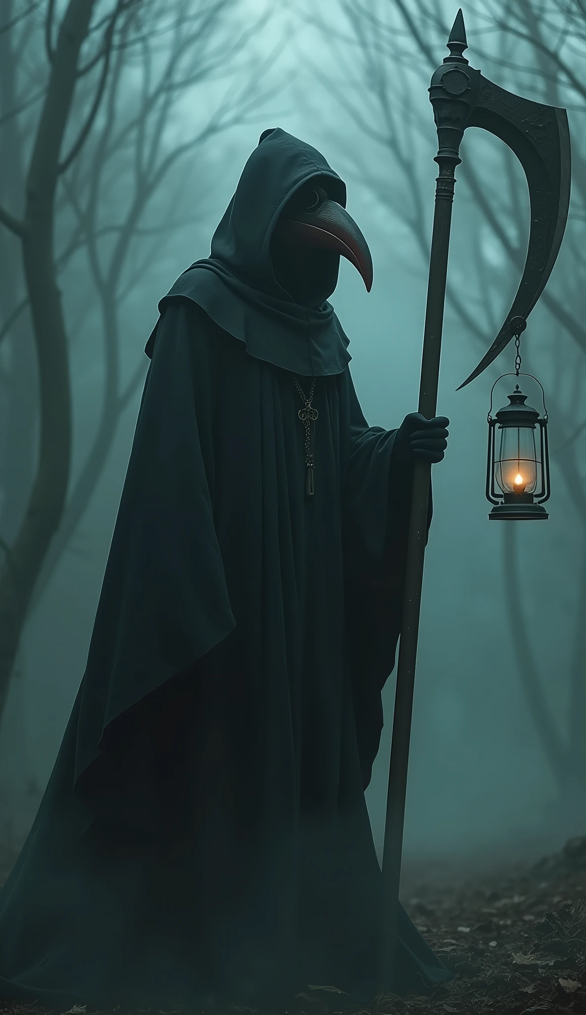 A large sickle, Scythe of Death，A sickle bigger than her body, ((masterpiece, best quality, Highest image quality, high resolution, Reality, RAW photos, 8K)), ((Extremely detailed CG unified 8k wallpaper)), Bird's Beak Doctor，(Beak mask), Movie Posters,Black robe，The other hand holds a lantern，Heavy fog，Weird atmosphere