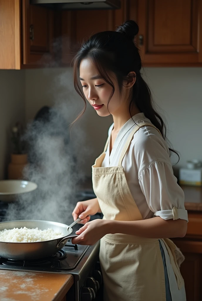 A Korean girl. smooth white skin, well-groomed face, cooking rice on the stove,pakai kayu bakar perlatan dapur tradisional ,seen inside the messy house kitchen real realistic photo