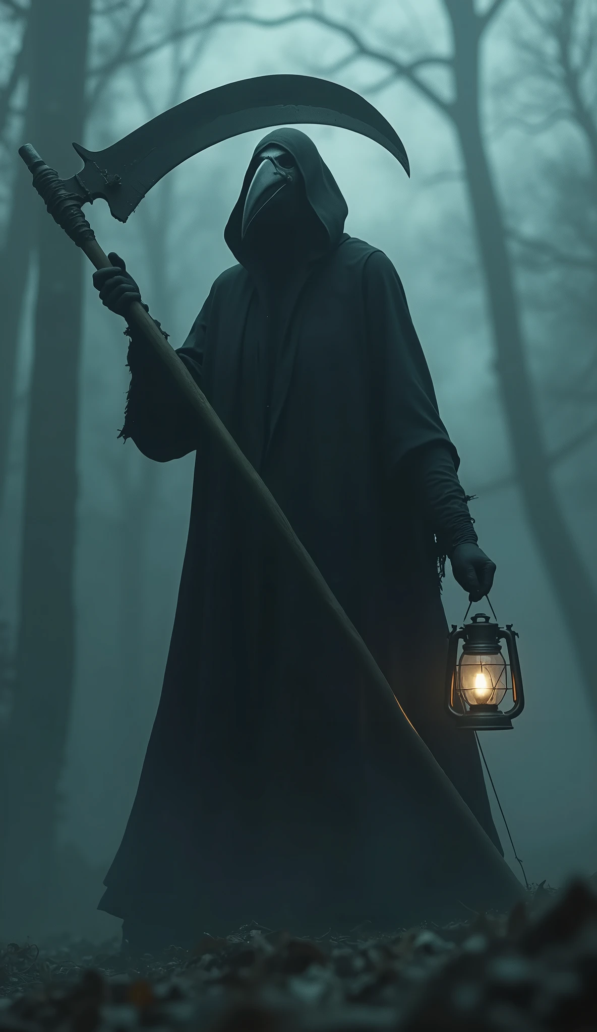A large sickle, Scythe of Death，A sickle bigger than her body, ((masterpiece, best quality, Highest image quality, high resolution, Reality, RAW photos, 8K)), ((Extremely detailed CG unified 8k wallpaper)), Bird's Beak Doctor，(Beak mask), Movie Posters,Black robe，The other hand holds a lantern，Heavy fog，Weird atmosphere