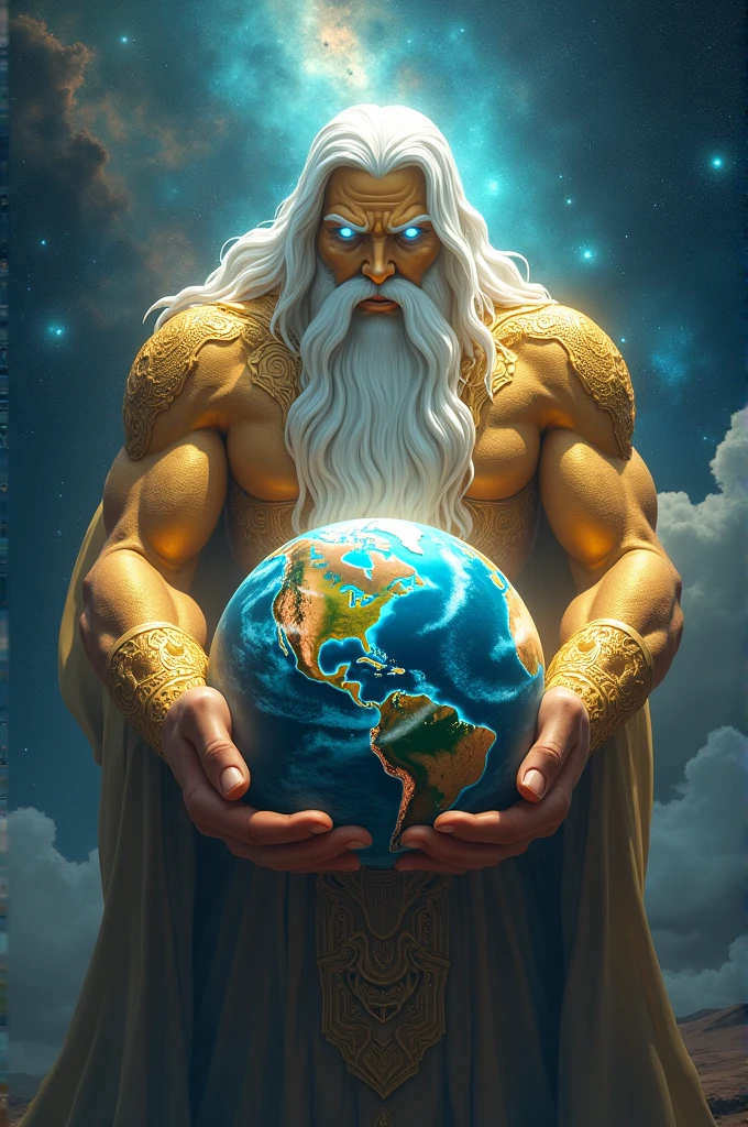 Giant with a long white beard, golden skin and bright blue eyes, Holding the world in your hands