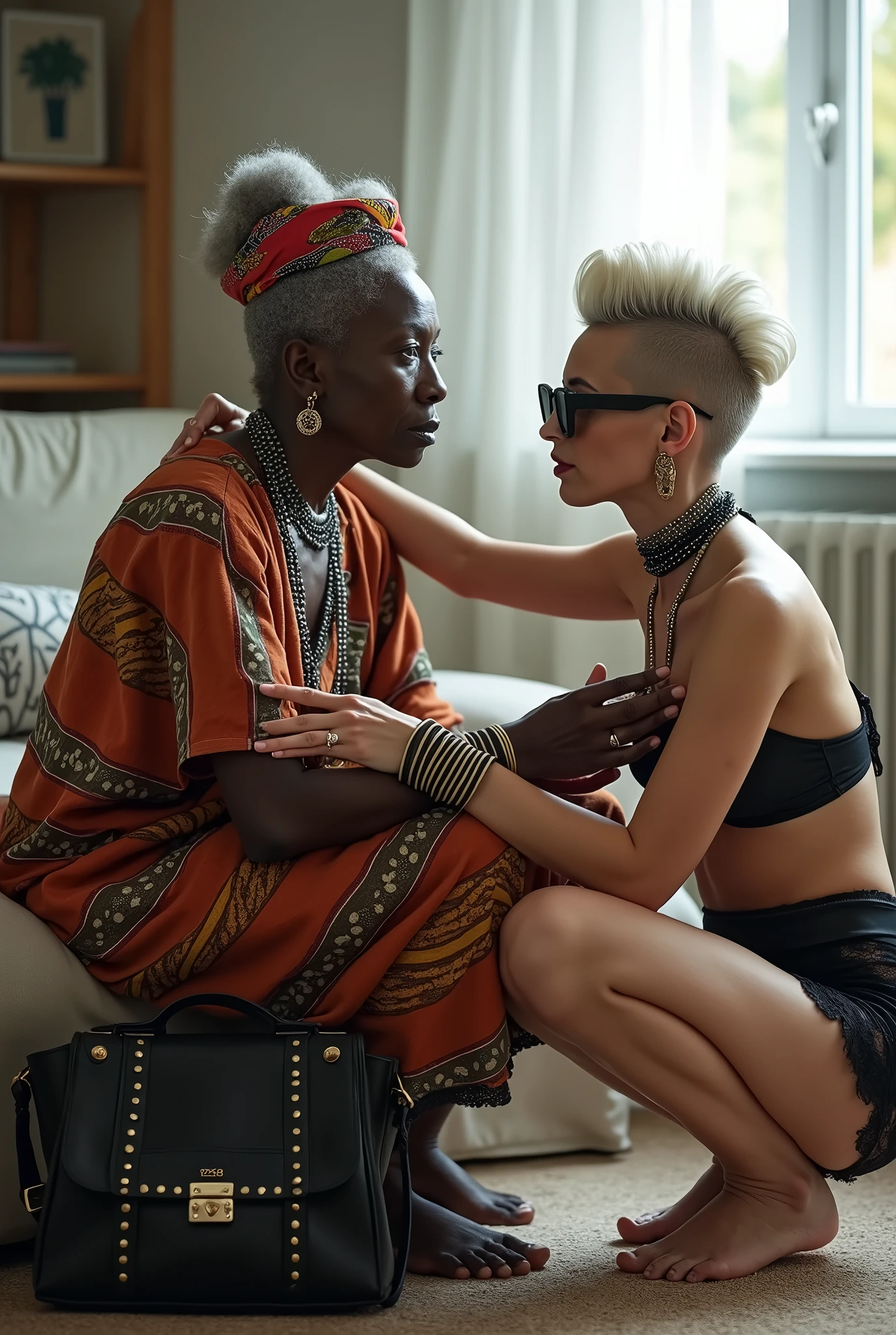 Two women. African old wrinkled milf  woman sitting on a sofa with separated legs, afro hairdo, serious face, wearing traditional colourful african clothes, barefoot, hands tightly on neck of a caucasian milf woman at her feet (light grey hair, light green eyes, pale face, pale neck, pale chest, pale arms, pale hands, pale stomach, pale legs and feet) in chic rock fashion: pompadour hairstyle with top bun and shaved sides, colourful bandana as headboard, a lot of metallic necklaces and pendants, a lot of wide metallic bracelets, black lace push up bra, low rise black lace rhong, wide studded leather belt, squatting with arms on knees, passive facial expression with open mouth, big square sunglasses, thin neck, thin arms, thin legs, well toned abdominals. In an apartment decorated in Scandinavian style. A black leather studded tote bag on the floor. Natural light