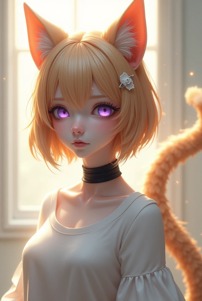 pale skin, golden brown short hair, cat ears to match hair color, long fluffy cat tail to match hair color, Long white t-shirt, purple eyes, pupils sparkle, black collar, black stockings, White Hair Clip